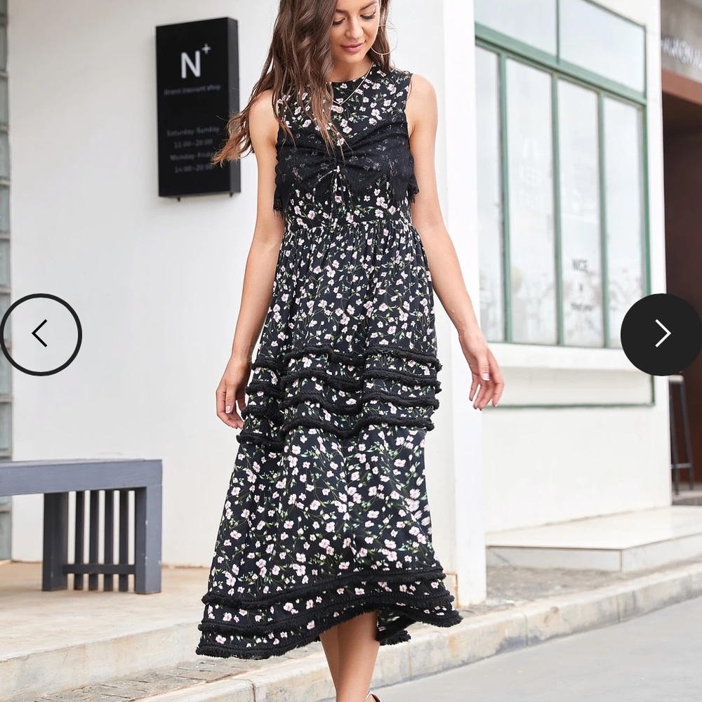 UUNIQ Black Floral Lace Tiered Midi Dress NWT S High Neck Bow Wedding Guest
